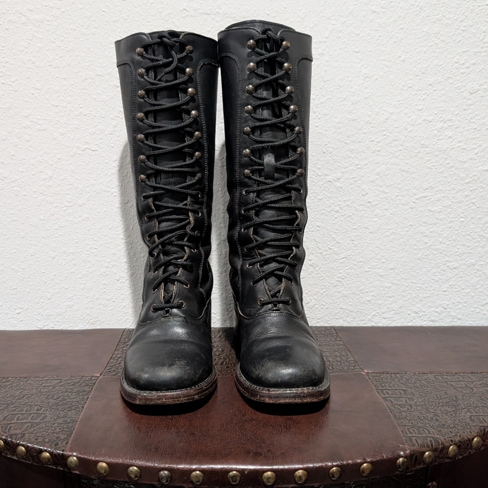 Rare Frye Campus Lug Vintage Lace Up Knee-High Black Antique Leather Boot Size 6 - Picture 10 of 15